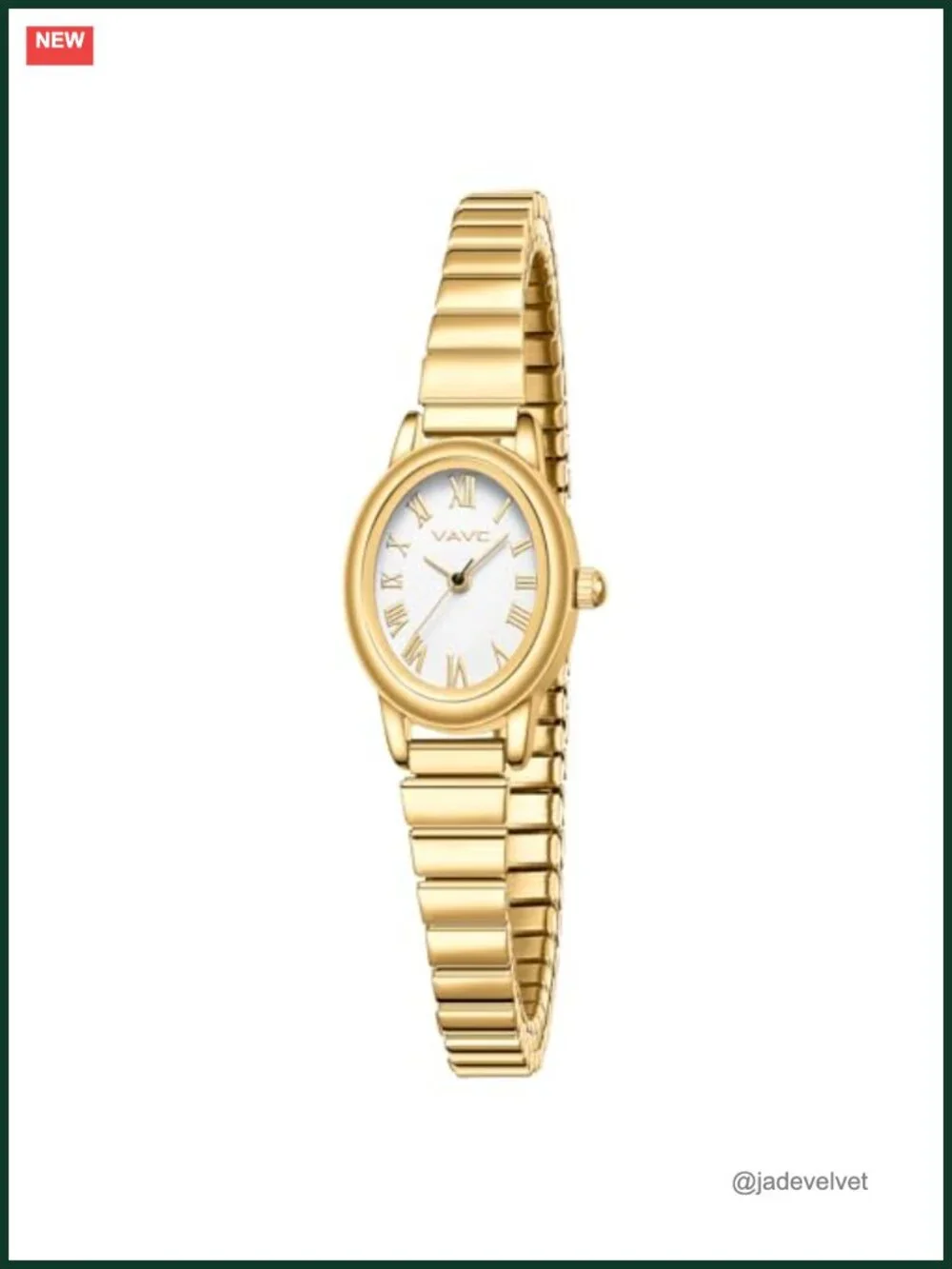Small Gold Women's Quartz Watch Stainless Steel Expansion Band Oval Roman Dial